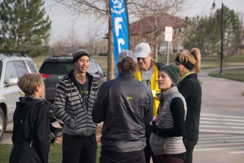 Alistair, Felix, Nick, Tom, Jessica, and Tammi congregating before the start of the Spring Canyon Park 5k.