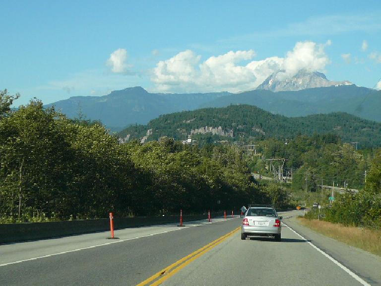Going north on Highway 99 to Squamish, we could see Whistler Mountain in the distance Going north on Highway 99 to Squamish, we could see Whistler Mountain in the distance
