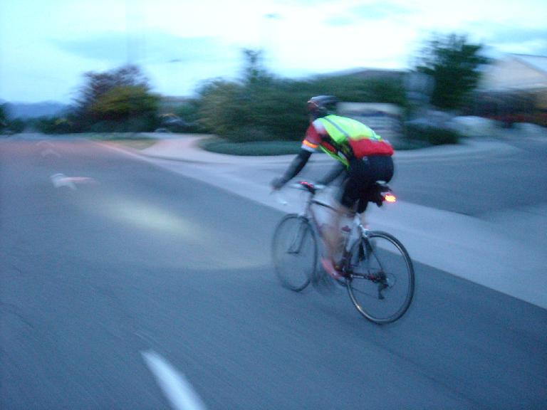 [Mile 373, 5:16 a.m.] Following Lloyd into the finish, 25.3 hours after we started.