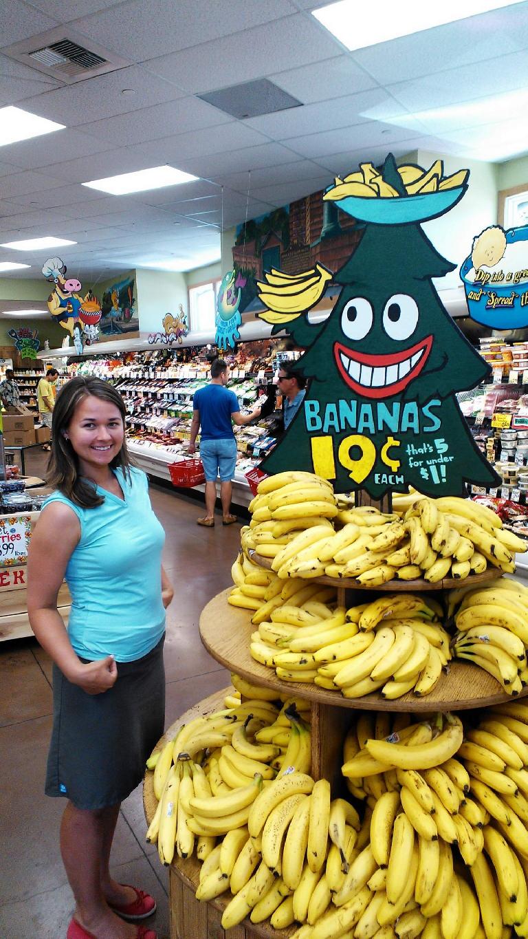 Katia going bananas at the Trader Joe's store near Stanford.