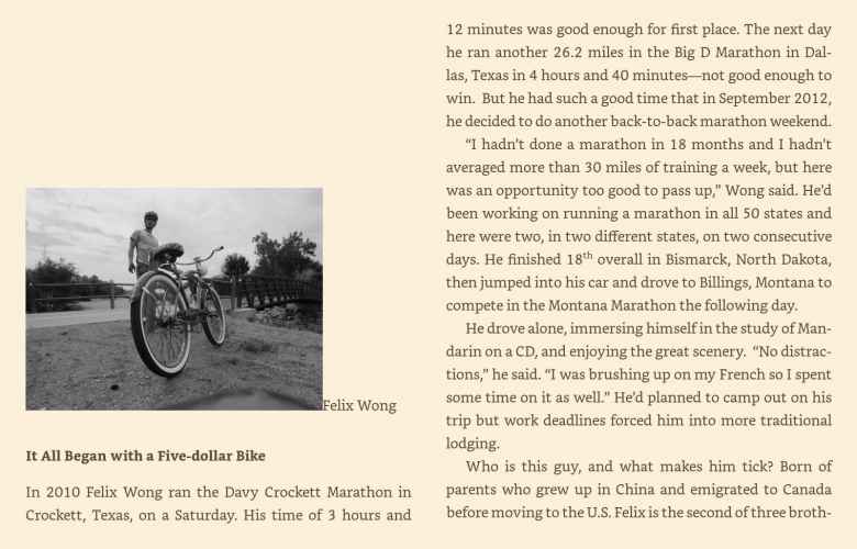 The start of the chapter entitled "It all began with a five-dollar bike" in Libby James' book, Still Running.