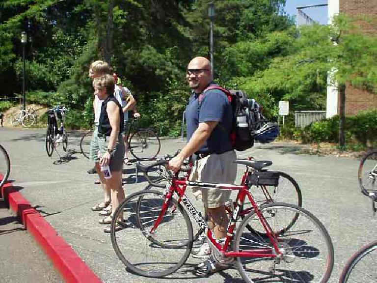 Here's Mike with his Trek (foreground), and Kevin's bike (background) sans seat and pedals (which illicted many comments from observant people that day!)