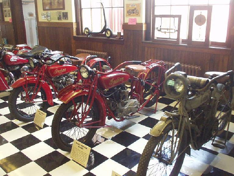 Several Indian motorcycles from the 1920s.
