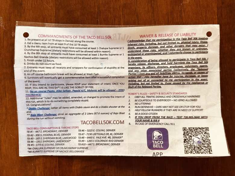 Commandments, rules, and restaurant locations of the 2025 Taco Bell 50K in Denver.