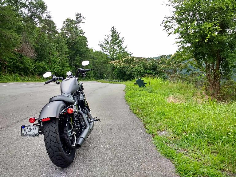 The Charcoal Denim Harley-Davidson Sportster Iron 883 rental on Rt. 129 near Chilhowee, Tennessee.