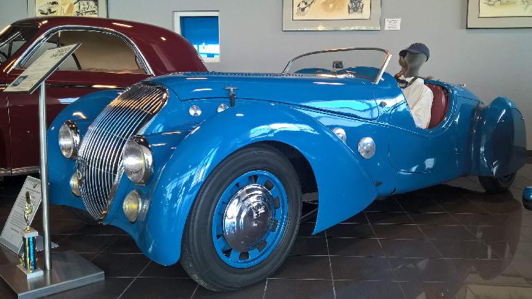 A blue 1937 Peugeot Darl'Mat, which was styled by George Paulin, a former dentist.