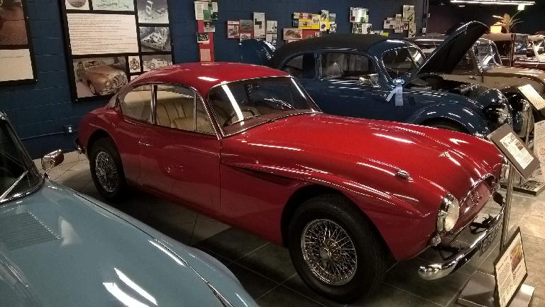 This red 1953 Jensen 541 prototype hailed from England was made of aluminum except for the fiberglass hood. Production models were all fiberglass. The drag coefficient (Cd) was only .39.