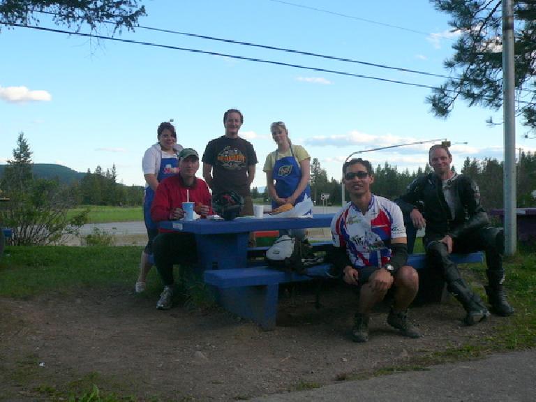 Day 2: At a roadside dairy, Kevin Hall and I stopped for food.  Left to right: Denise (staff), Kevin, Jordan (staff), Britney (staff), Felix Wong and Scott (a motorcycle rider going from Calgary, AB to Whitefish, MT).