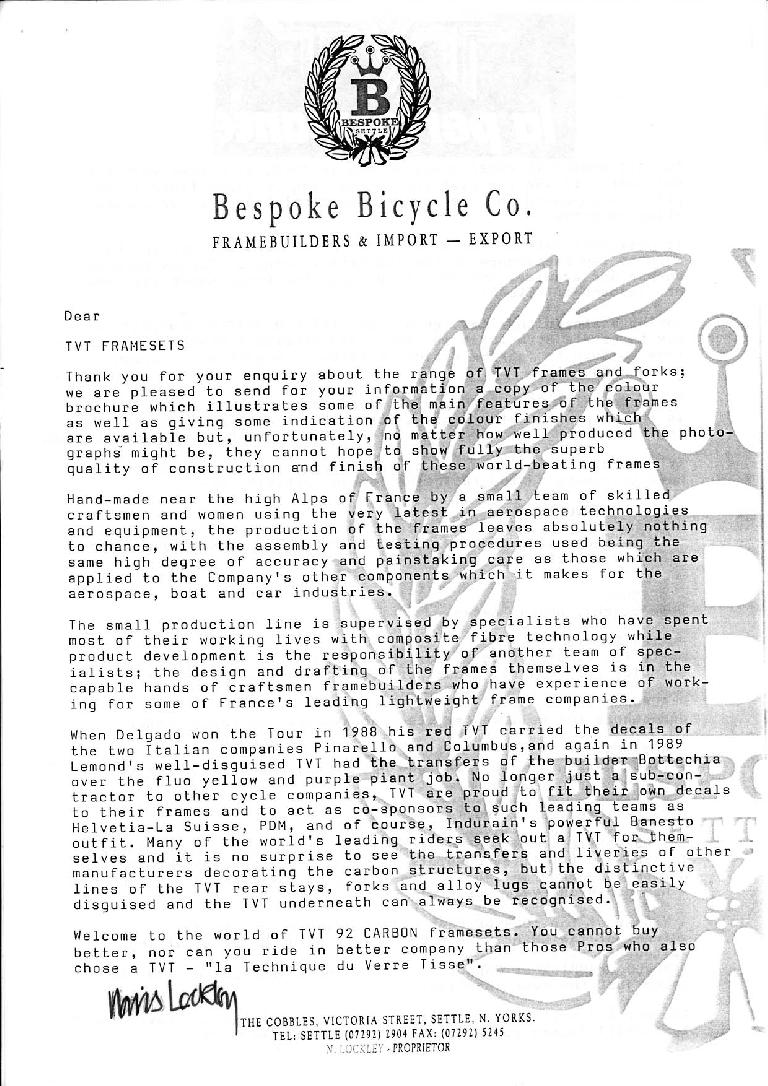 A letter from TVT claiming the true origins of Pedro Delgado and Greg LeMond's winning 1988 & 1999 Tour de France winning bicycles. (Thanks to James Greenlees for sending it to me.)