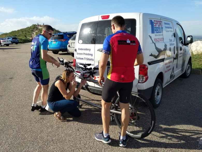 Katie Eastman from 9News Denver taking a photo of the tandem Chris Howard and Dan Berlin rode in the Horsetooth Hills of Fort Collins.