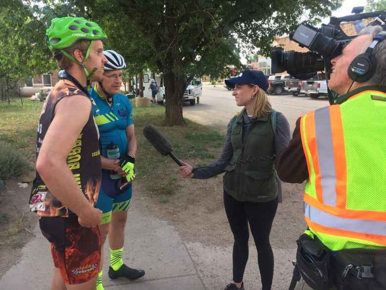 Katie Eastman from 9News interviewing Kyle Coon and Chris Howard from Team Sea to See.