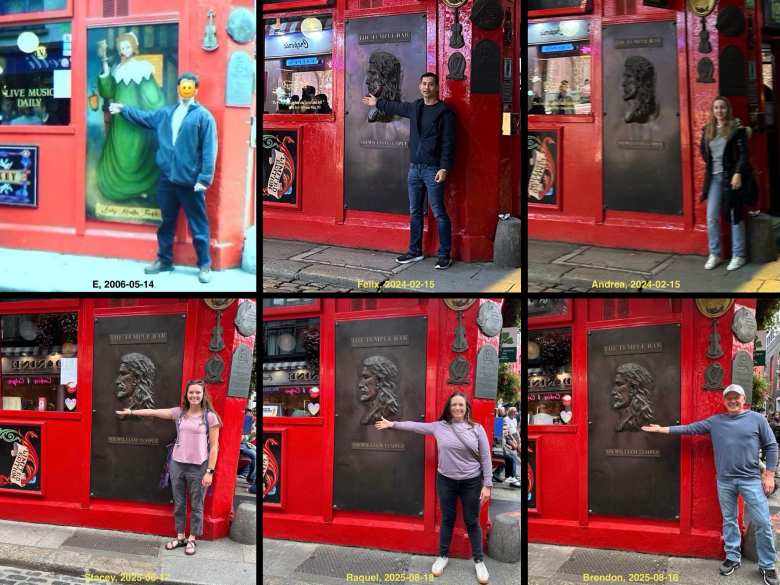 E, Felix, Andrea, Stacey, Raquel, and Brendon at Temple Bar 48 on various occasions over a span of 19 years.