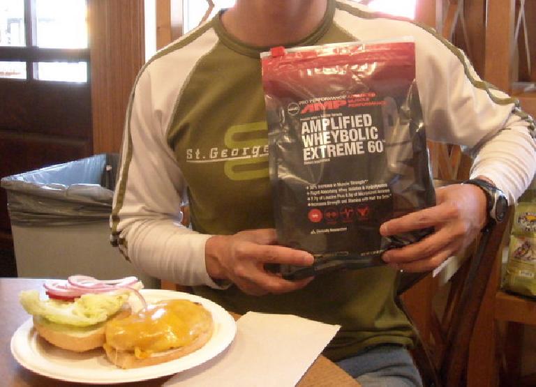 He won a bag of "Amplified Wheybolic Extreme 60" for tying the pull-up record of the day (a mere 21).