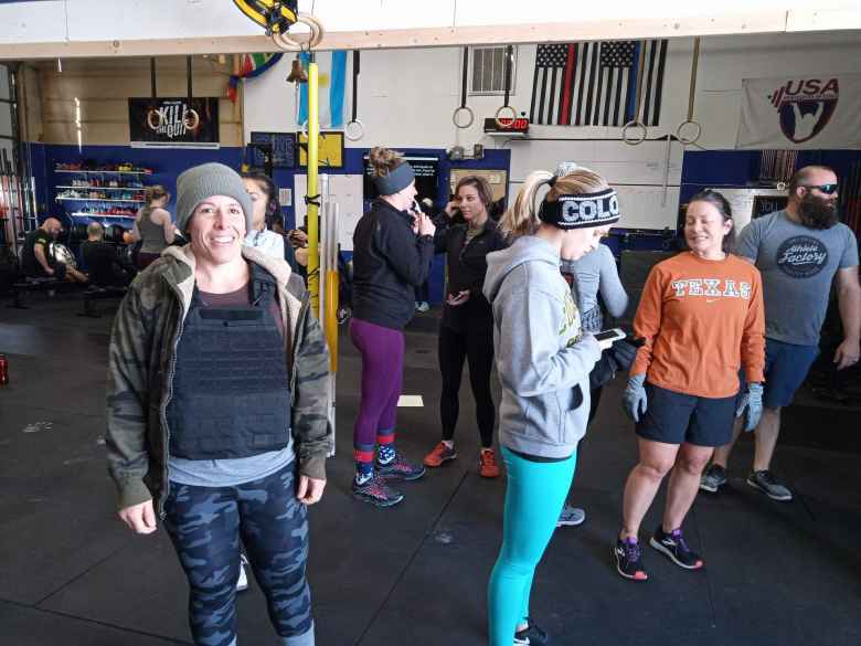 Jennifer and others awaiting the start of Thanksgiving Murph at the Fort Collins Athlete Factory.
