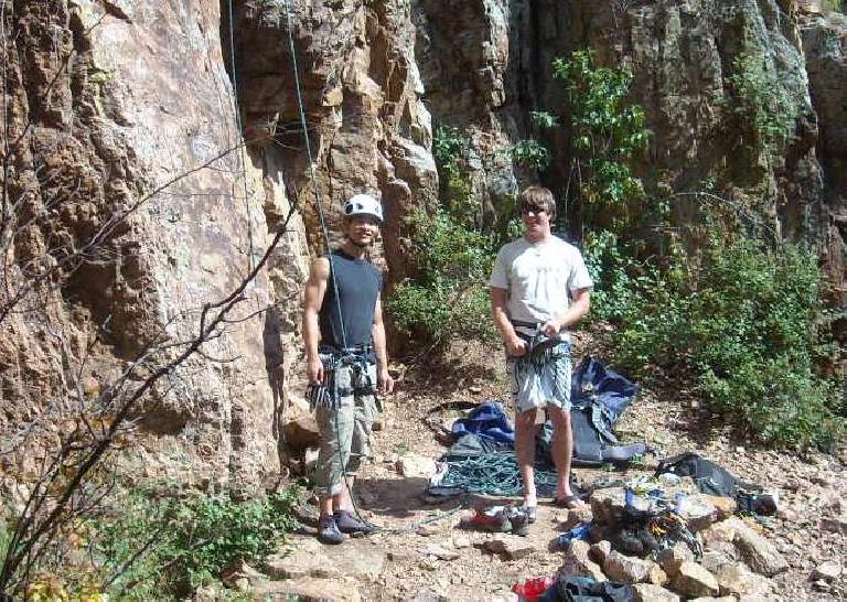 Felix Wong after leading Churchill Rejects (5.9+) in The Chamber area of The Palace, with Derek on belay. 