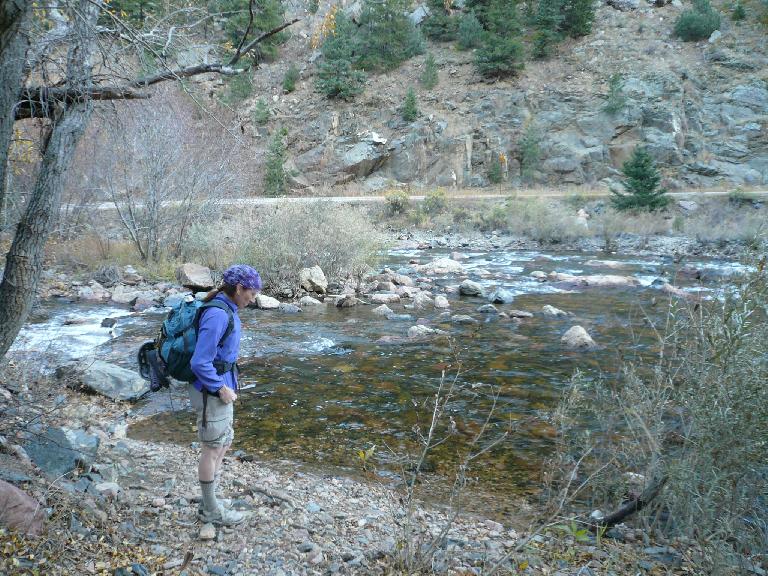 Tori getting ready to cross back over the Poudre River to where we were parked.