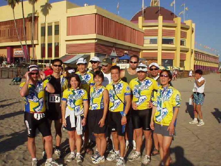 4:35 p.m., Mile 199: After 27:31:52 hours, we made it to Santa Cruz.  Front row: Tom, Sharon, Bic, Todd, Manuel, and Luann.  Back row: Felix, Everitt, Steve, Herb, Ron, and Al.  We finished 89th out of 276 and had a great time!
