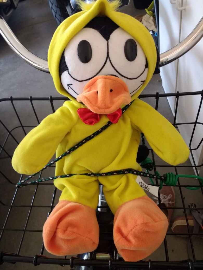 Felix the Cat wearing a yellow duck costume, bungee cord seat belt