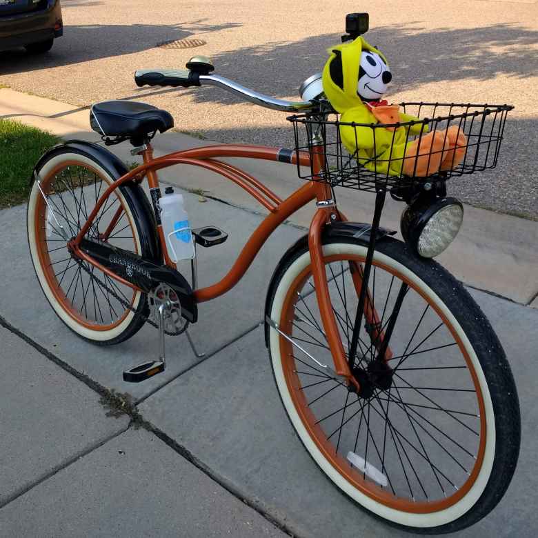 bronze 2012 Huffy Cranbrook cruiser, Felix the Cat wearing a duck costume