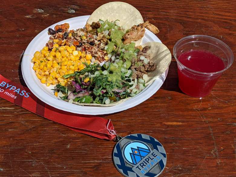The post-ride food was great, including chicken, beef, and gluten-free tacos, corn and salad.