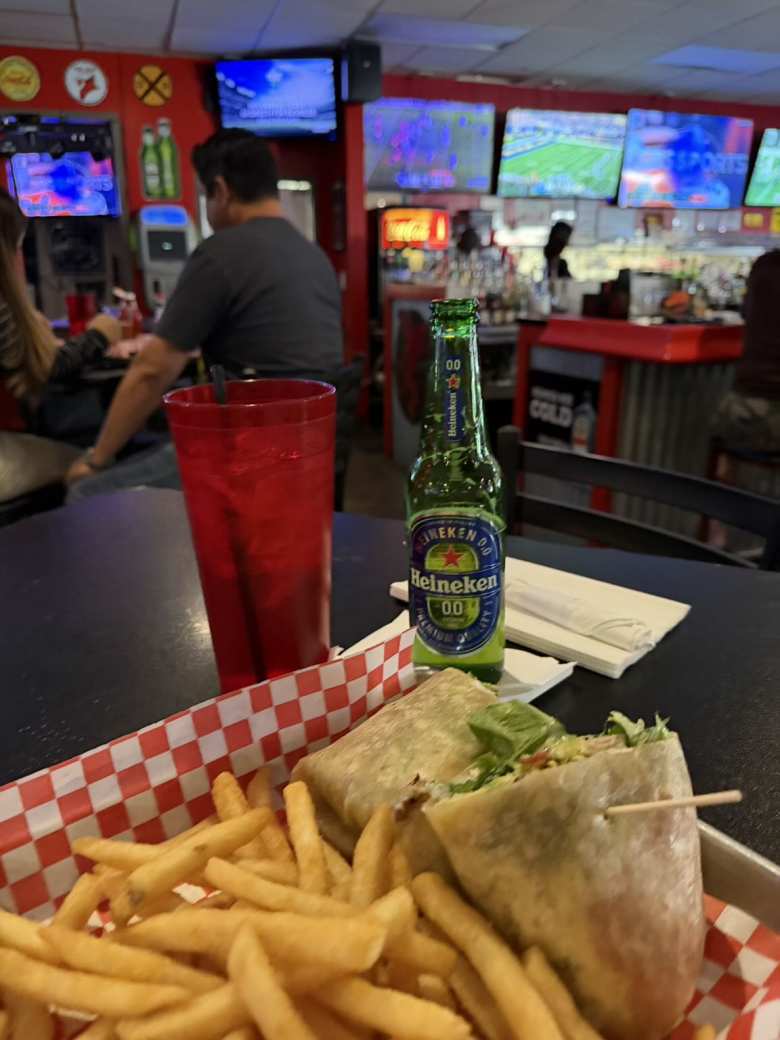 Hours after the race, I had a chicken caesar wrap, french fries and a Heineken 0.0 while enjoying a great afternoon and evening of NFL football at Putney's Pitstop Sports Bar and Grill in north Tucson.