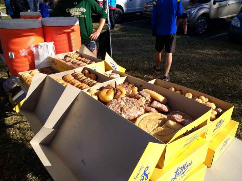 Donuts donated by LaMar's Donuts in Fort Collins for the 2017 Turkey/Donut Predict 5k at Rolland Moore Park. 