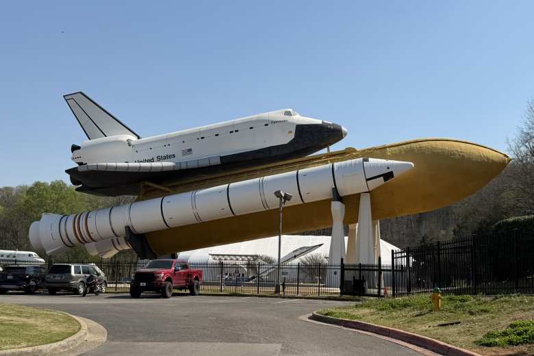 The Space Shuttle Pathfinder is a full-sized test simulator made of wood and steel.