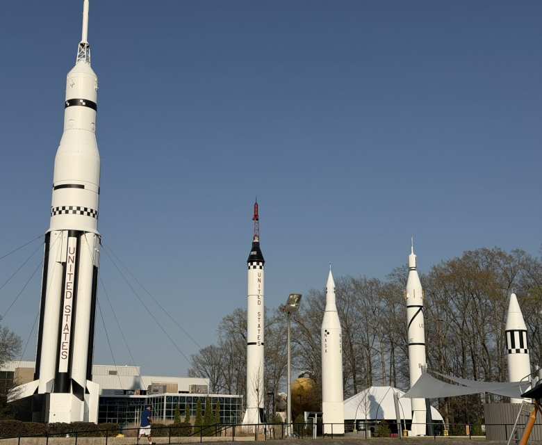 Various rockets outside at the U.S. Space & Rocket Center.