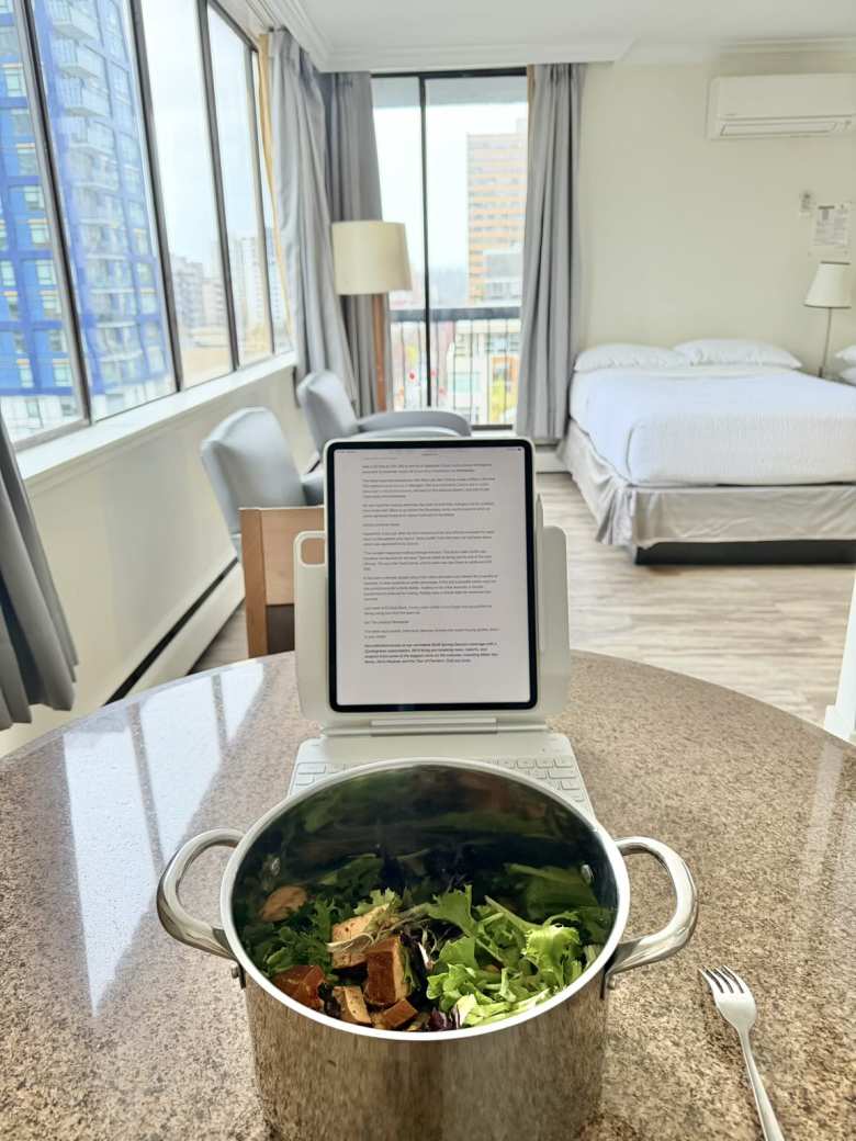 A salad of spring greens, smoked sriracha tofu, olives, carrots, and garbanzo beans inside a huge pot that was in the kitchen in my Hotel Opportune room.