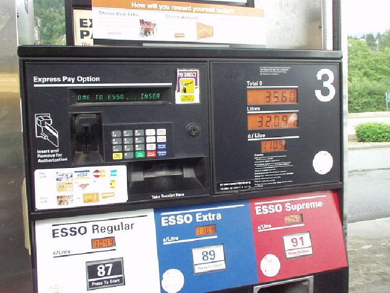 So you think gas in the U.S. is getting expensive?  89-octane fuel costs $CAN1.10/liter, or about $US3.62/gallon at current exchange rates ($US1 = $CAN1.15)...