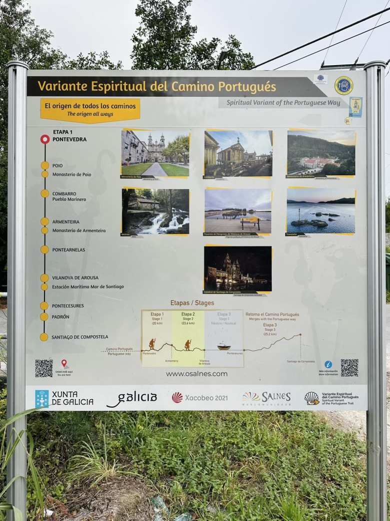 The turnoff for the Spiritual Varient of the Camino Portugués is marked by this sign, which illustrates the major highlights of the route.