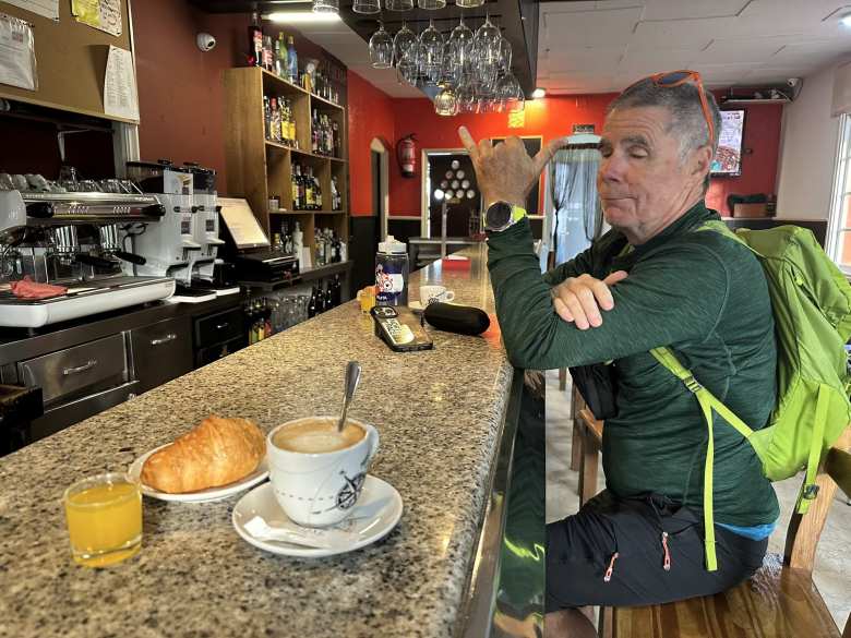 Eddie at the Gento Café-Bar in Catoira, where we stopped for coffee (which came with a croissant and orange juice).