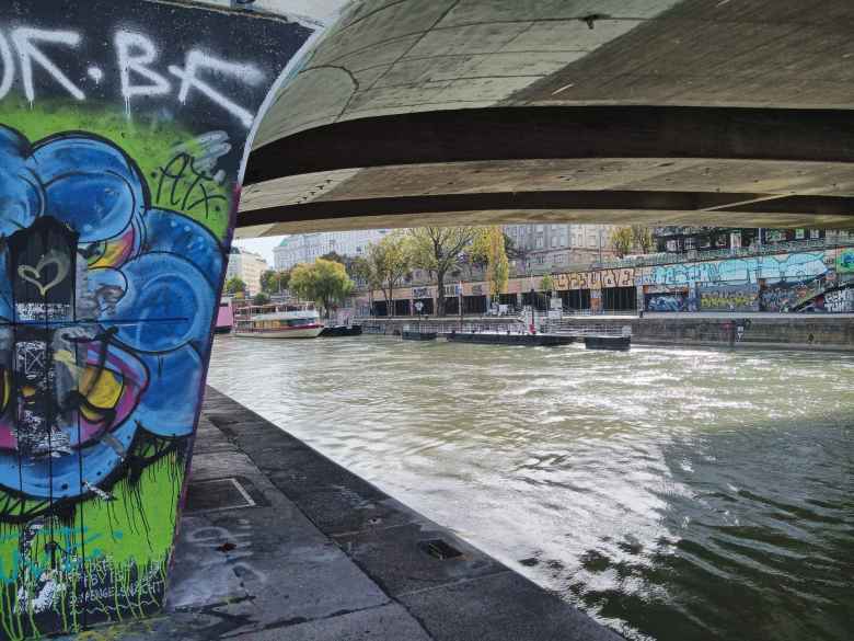 Colorful graffiti on a bridge support by the Wien River
