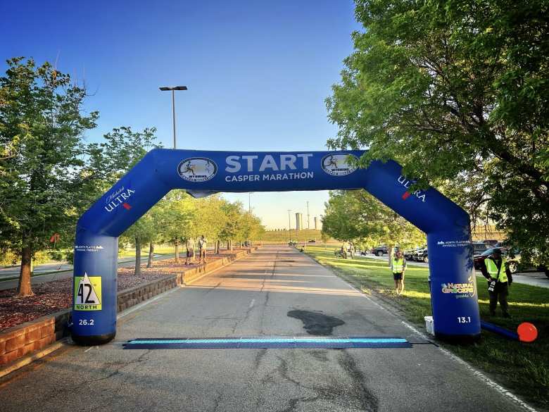 The start line of the Visit Casper Marathon (and half-marathon and 10K) at the Ford Wyoming Center.