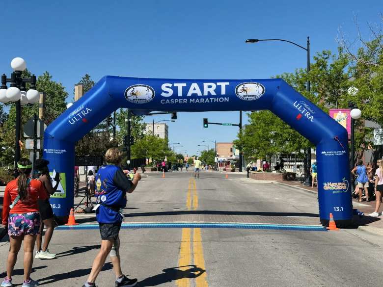 The finish line on W Yellowstone Hwy in Casper in front of David Street Station.