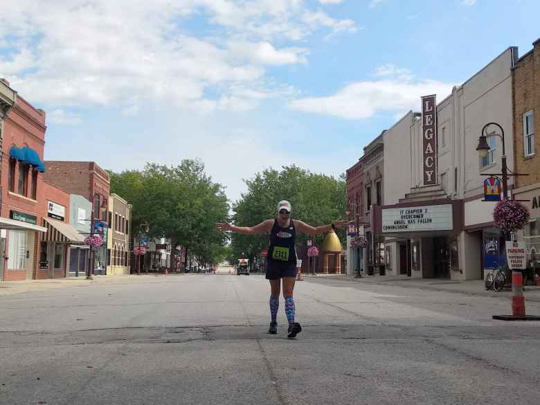 Mel Sirois in the final 100 meter stretch of the 2019 Wabash Trace Trail Marathon in Shenandoah, Iowa.