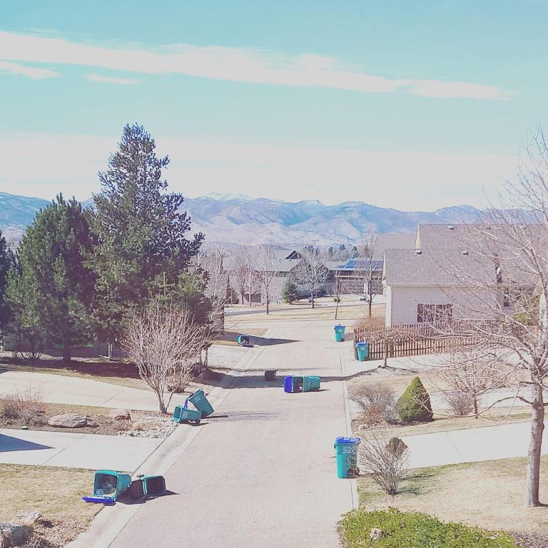 turquoise garbage cans knocked over, Fort Collins