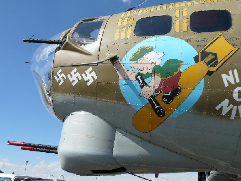 Front detail of the B-17 had swastikas and a Popeye-like character on it.