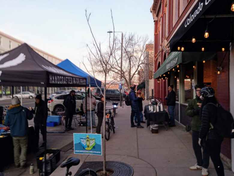 Outside Happy Lucky's Tea House in Old Town Fort Collins on Winter Bike to Work Day.