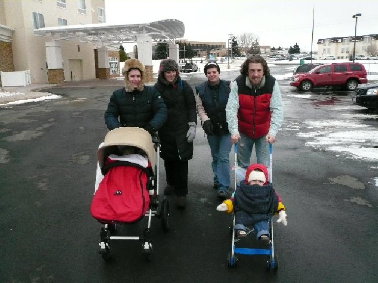 Ari, Phoebe, Dana, Nick, and babies Quran and Alistair were ready for the Arctic... er, Wyoming.