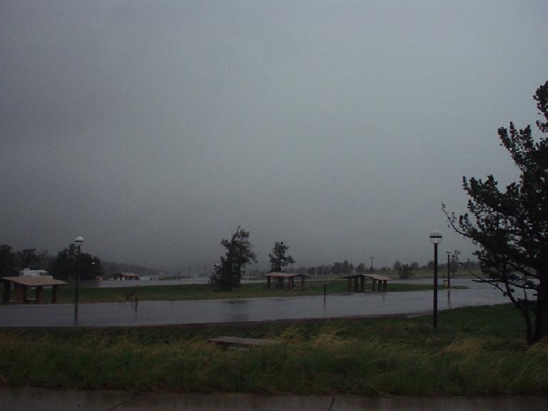 The rain-soaked rest area that was the finish of the 2006 Rocky Mountain Double Marathon.