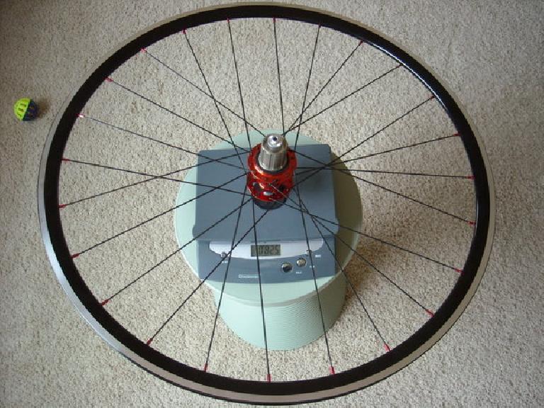 Rear wheel: 825 grams (with rim tape; without skewers). The scale was tared with the black plastic piece holding the wheel horizontal so it is not included in the weight.